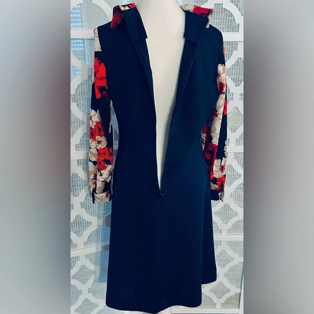 Vintage Navy Blue Dress Red Flowers 70s A Line Polyester 60s 1970s - Picture 10 of 15